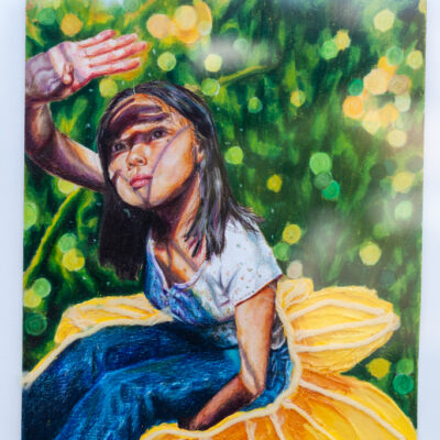 three up close images of The paintings Ivy created, painting show a hand reaching for a fish in a pond. a woman lying on a bed of green leaves, reaching for a large, green leaf. and a painting of a woman standing in a field of flowers,