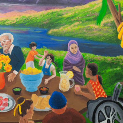 a close up image of the mural the Fall 2024 MAP cohort made at the Kirkland Arts Center with Teaching Artists Carmel Mercado and Charles Conner. This mural will soon welcome visitors to the Center for Human Services' Substance Use and Family Support Departments.