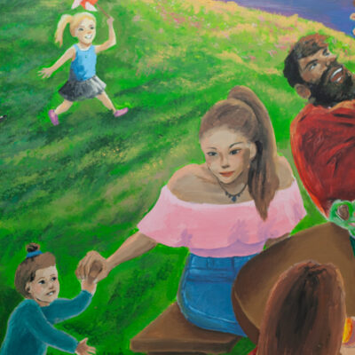a close up image of the mural the Fall 2024 MAP cohort made at the Kirkland Arts Center with Teaching Artists Carmel Mercado and Charles Conner. This mural will soon welcome visitors to the Center for Human Services' Substance Use and Family Support Departments.