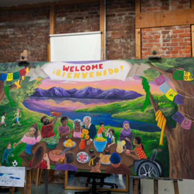a close up image of the mural the Fall 2024 MAP cohort made at the Kirkland Arts Center with Teaching Artists Carmel Mercado and Charles Conner. This mural will soon welcome visitors to the Center for Human Services' Substance Use and Family Support Departments.