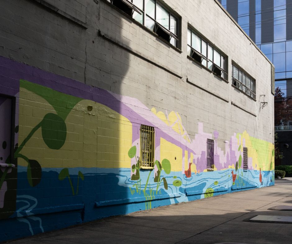 Sophie Fong - 401 8th Ave N it has a bridge with water underneath and sea creatures with a yellow sky.